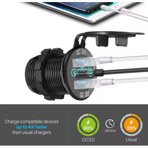 12V/24V Triple USB C Car Charger Socket USB Outlets PD & 18W QC3.0 Aluminum Metal Car Socket Adapter with Touch Switch